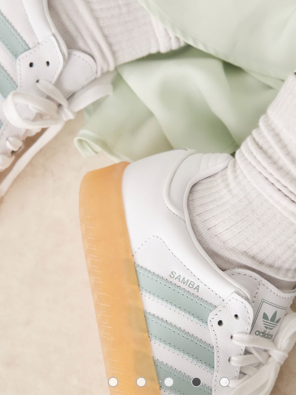 adidas samba Women’s White Sneakers with Light Green Stripes and Gum Platform - Picture 3 of 10